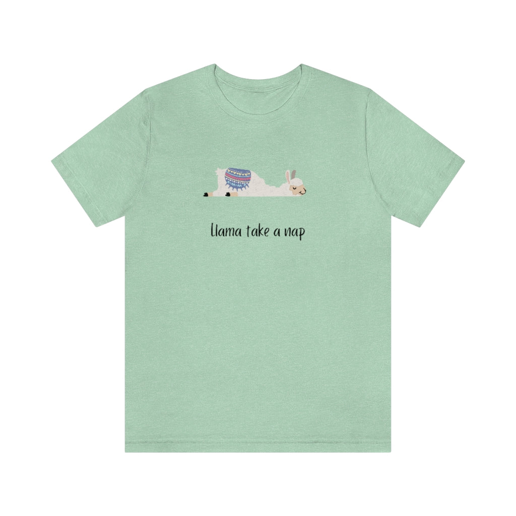 Llama going to take a nap - Unisex Llama Tee.  Llama pun, funny tee.  Cute llama laying on its stomach looking exhausted. Unique T-Shirts for men and women. This classic unisex jersey short sleeve tee fits like a well-loved favorite.  Perfect t-shirt fit for men or women.
