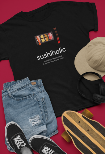 Sushiholic T-Shirt. I Love Sushi tee.  Japanese sushi shirt.  Asian food tshirt. This classic unisex jersey short sleeve tee fits like a well-loved favorite. Soft cotton and quality print make you fall in love with it. For both men and women and offered in 5 great colors.
