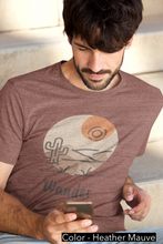 Load image into Gallery viewer, Wander Desert Sun T-Shirt. Desert and cactus inspired tee. Travel lover shirt. The perfect tee to express your wanderlust or a unique gift for the traveler in your life. This comfy cotton tee shirt is great for men and women.  This classic unisex jersey short sleeve tee fits like a well-loved favorite. Soft cotton and quality print make you fall in love with it.
