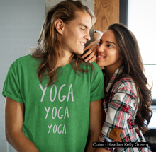 Load image into Gallery viewer, Yoga Yoga Yoga - Yoga T-Shirt - A simple, classic, meaningful design for all our yogis out there.  This classic unisex jersey short sleeve tee fits like a well-loved favorite. Soft cotton and quality print make you fall in love with it. 100% Airlume combed and ringspun cotton great for men and women.
