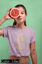 Load image into Gallery viewer, Hawaii Surf T-Shirt. Junior&#39;s short sleeve beach tee.  Surfboard shirt. Great gift for a beach lover. Aloha! Pineapple and palm tree.  Her go-to tee fits like a well-loved favorite, featuring a slim feminine fit. Additionally, it is comfortable with super soft cotton and quality print that will make you fall in love with it.
