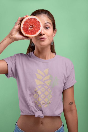 Hawaii Surf T-Shirt. Junior's short sleeve beach tee.  Surfboard shirt. Great gift for a beach lover. Aloha! Pineapple and palm tree.  Her go-to tee fits like a well-loved favorite, featuring a slim feminine fit. Additionally, it is comfortable with super soft cotton and quality print that will make you fall in love with it.