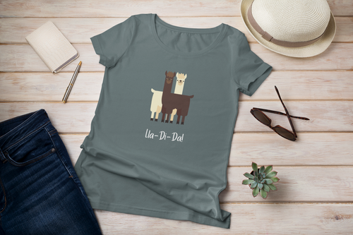 Lla-Di-Da! - Llama Unisex T-Shirt.  Llama pun, funny tee.  Two illustrated llamas standing together facing different directions with the words, Lla-di-da under them. Unique T-Shirts for men and women. This classic unisex jersey short sleeve tee fits like a well-loved favorite.  Perfect t-shirt fit for men or women.