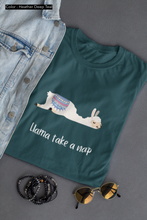 Load image into Gallery viewer, Llama going to take a nap - Unisex Llama Tee.  Llama pun, funny tee.  Cute llama laying on its stomach looking exhausted. Unique T-Shirts for men and women. This classic unisex jersey short sleeve tee fits like a well-loved favorite.  Perfect t-shirt fit for men or women.
