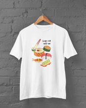 Load image into Gallery viewer, Come Roll With Me Sushi T-Shirt. I Love Sushi tee.  Japanese sushi shirt.  Asian food tshirt. This classic unisex jersey short sleeve tee fits like a well-loved favorite. Soft cotton and quality print make you fall in love with it. For both men and women and offered in 5 great colors.
