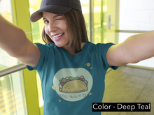 Load image into Gallery viewer, Taco Bout Cute T-Shirt. Taco lover tee. Taco Tuesday cute shirt. This special women&#39;s tee has a slim feminine fit. It&#39;s comfortable with super soft cotton and quality print that is sure to become her favorite! For women and offered in 5 great colors.
