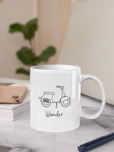 Load image into Gallery viewer, Wander. Scooter Moped Coffee Mug. The perfect mug to express your wanderlust or a unique gift for the traveler in your life. Warm up with a nice cuppa out of this customized ceramic coffee mug. It’s microwave &amp; dishwasher-safe and made of white, durable ceramic in an 11-ounce size. Its the perfect gift for coffee, tea, and chocolate lovers.
