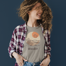 Load image into Gallery viewer, Wander Desert Sun T-Shirt. Desert and cactus inspired tee. Travel lover shirt. The perfect tee to express your wanderlust or a unique gift for the traveler in your life. This comfy cotton tee shirt is great for men and women.  This classic unisex jersey short sleeve tee fits like a well-loved favorite. Soft cotton and quality print make you fall in love with it.
