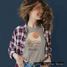 Load image into Gallery viewer, Wander Desert Sun T-Shirt. Desert and cactus inspired tee. Travel lover shirt. The perfect tee to express your wanderlust or a unique gift for the traveler in your life. This comfy cotton tee shirt is great for men and women.  This classic unisex jersey short sleeve tee fits like a well-loved favorite. Soft cotton and quality print make you fall in love with it.
