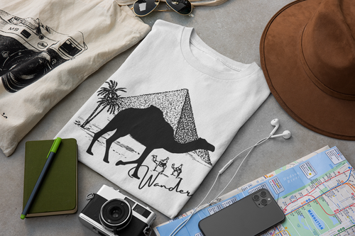 Wander Pyramid Camel T-Shirt. Retro Pyramid, Egypt tee. Travel lover shirt. The perfect tee to express your wanderlust or a unique gift for the traveler in your life. This comfy cotton tee shirt is great for men and women.  This classic unisex jersey short sleeve tee fits like a well-loved favorite. Soft cotton and quality print make you fall in love with it.