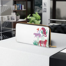 Load image into Gallery viewer, Welcome to the jungle! Tiger wallet. Zipper Wallet.  Made with cruelty-free faux leather, this wallet comes packed with utility and beauty. Gold color thread stitching. Pockets for cash, credit cards, coins, and checkbook Size: 7.87&quot; x 4.33&quot; (20cm x 11cm)
