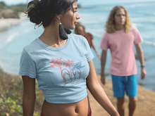 Load image into Gallery viewer, Beach T-Shirt, California lover tee, Junior&#39;s slim fit tee with soft cotton and quality print.  Beach lover shirt. Palm tree, flip flops, lifeguard stand.  Cali vibes design.  Junior&#39;s California T-Shirt. Beach lover tee.  Surfer shirt. Junior short sleeve tshirt. Beaches, palm trees, sun, and sand float through your mind. Her go-to tee fits like a well-loved favorite, featuring a slim feminine fit. 
